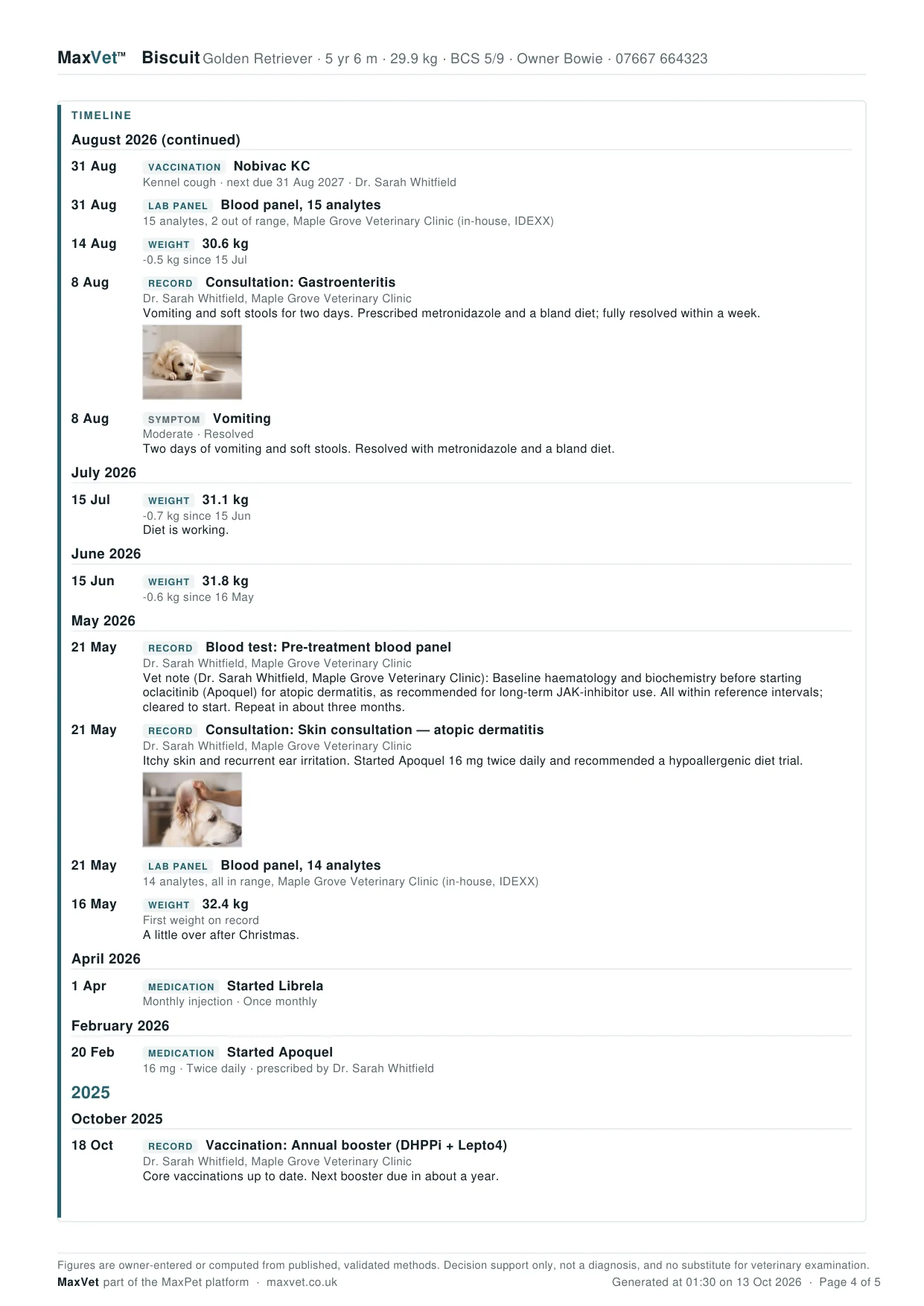 Page four of Biscuit's Full Pet Record: the start of the timeline, newest first under month headings, with every clinical record, symptom, vaccination, weight and medication change.